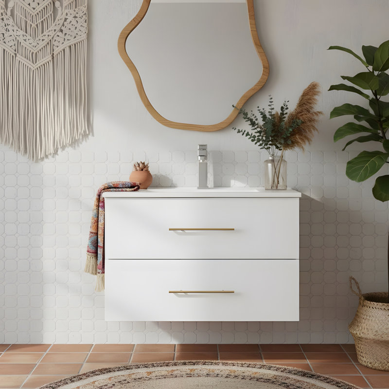 Wall-mounted bathroom vanity with two drawers, 30", Glossy White