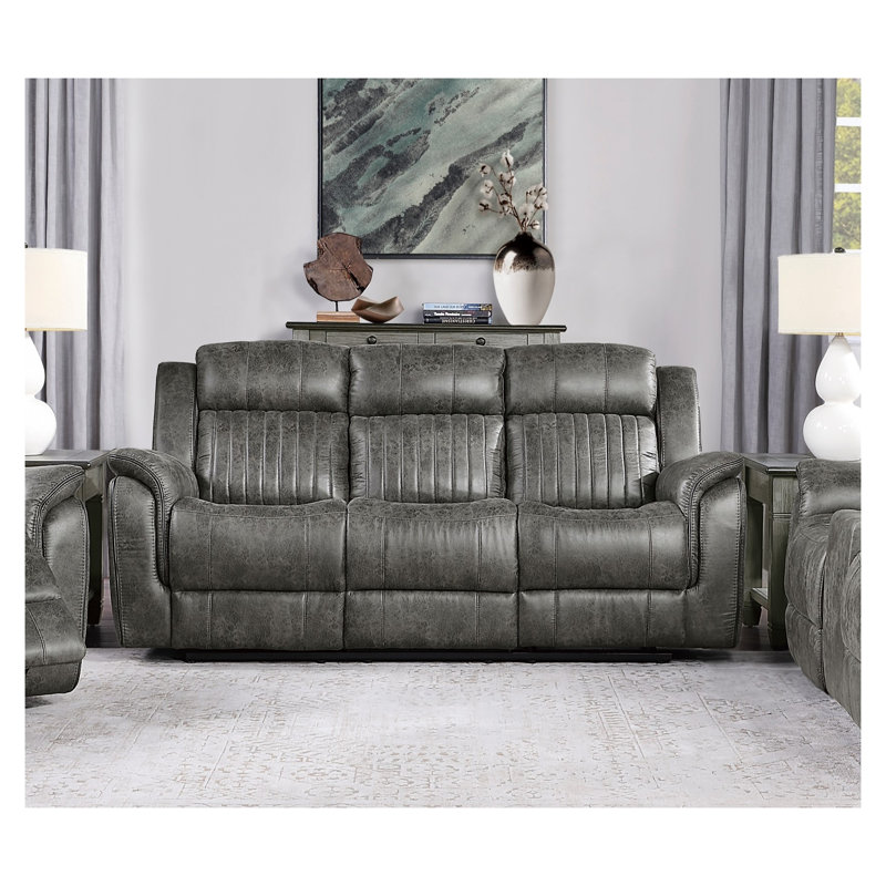 Canapé inclinable classique classique gris brunâtre double avec accoudoirs coussinés et capitonnage vertical