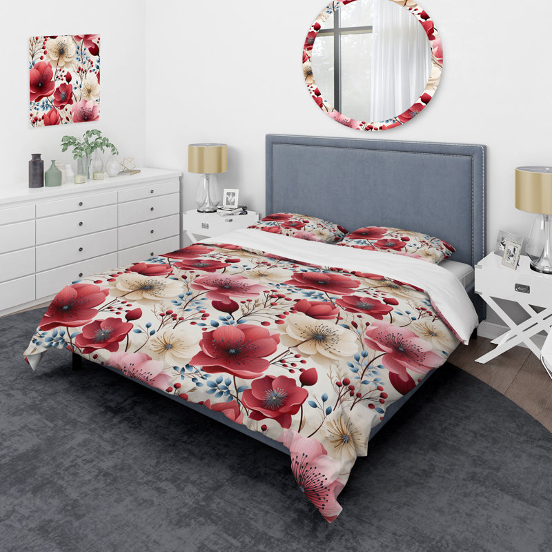 Ensemble de housse de couette Watercolor Poppies - motif floral rouge et blanc II