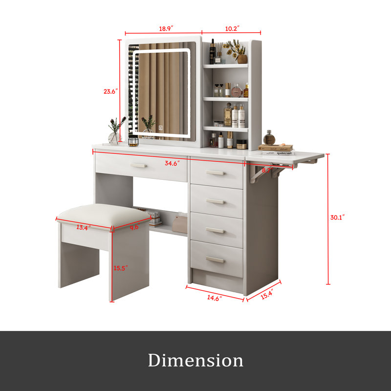 Fashion Vanity Desk With Mirror And Lights For Makeup With Open Shelves And Chair, Vanity Mirror With Lights And Table Set With 3 Color Lighting Brightness Adjustable, 5 Drawers, White Color