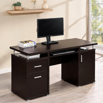 Warm Cappuccino Computer Desk with Dual Drawers, Solid Wood Rectangle Work Surface, 55 Inch Wide