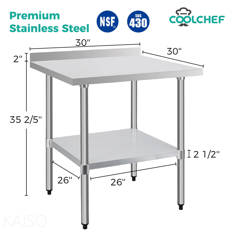 Table de travail commerciale 30 po x 30 po - Acier inoxydable, dosseret 4 po, tablette inférieure - Métal