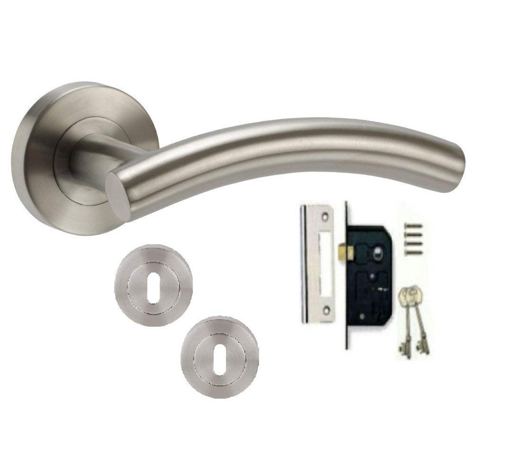 Golden Grace Arched T-Bar Key Lock Door Handle Lever on Round Rose Furniture in Stainless Steel Finish with Screws and Fixings
