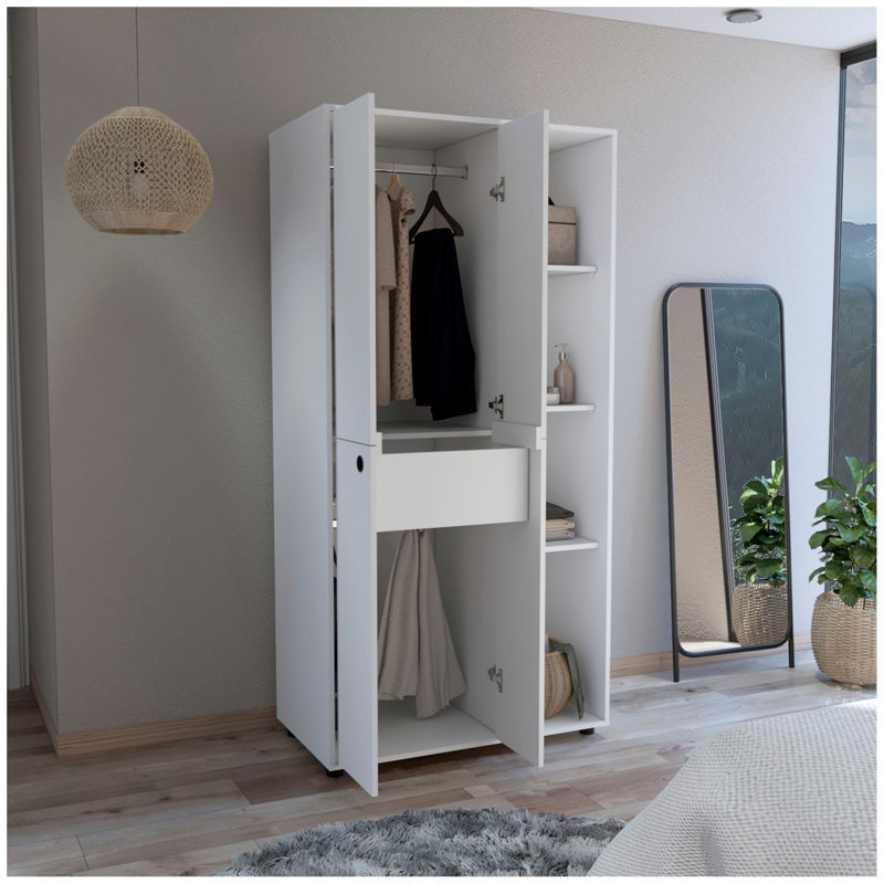 Armoire-penderie Misuri avec porte double, tiroir, barres de suspension et tablettes, Blanc
