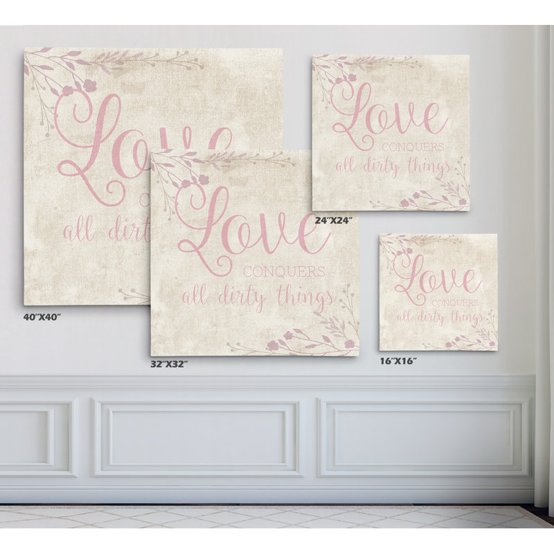 «Love Conquers», art textuel, Toile tendue, H 16 po x l 16 po x P 1,5 po