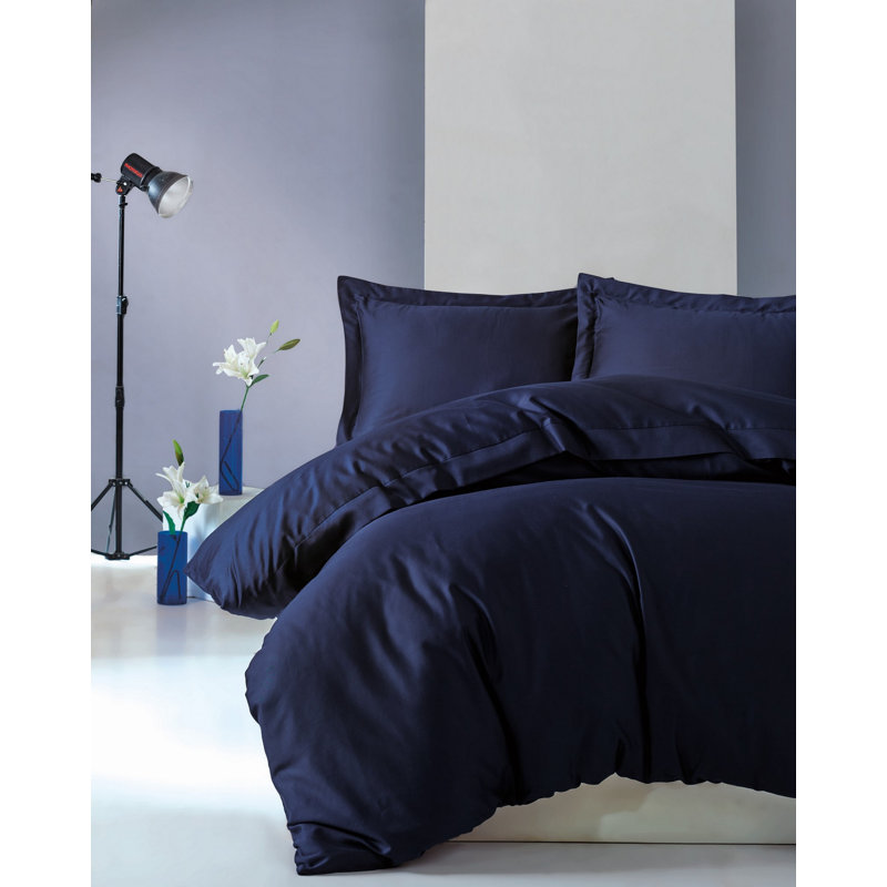 Hunni Cotton Solid Colour Duvet Cover Set with Pillowcases Included, Dark Blue, 260 x 220 cm -2 Pillowcase (50 x 90 cm)