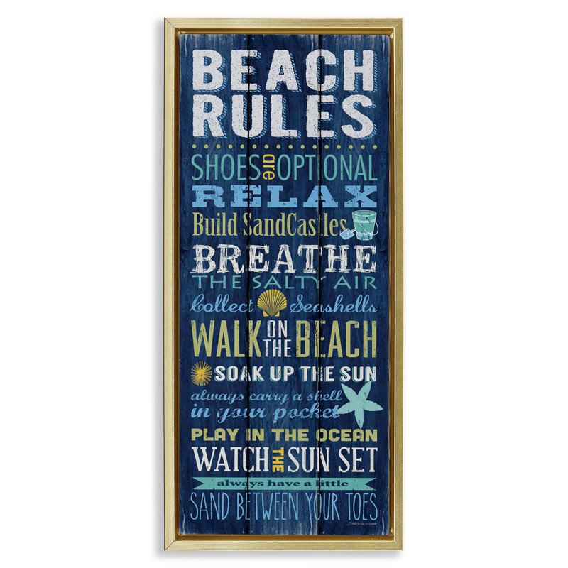Panneau de règles de plage à planches bleues, Cadre flottant métallique doré, H 31 po x l 15 po