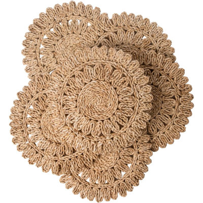 Set Of 6 Round Corn Husk Placemats | Natural Woven Rattan Table Mats | Heat Resistant & Anti-Slip Boho Farmhouse Decor For Dining Tables, Outdoor Parties And Picnics