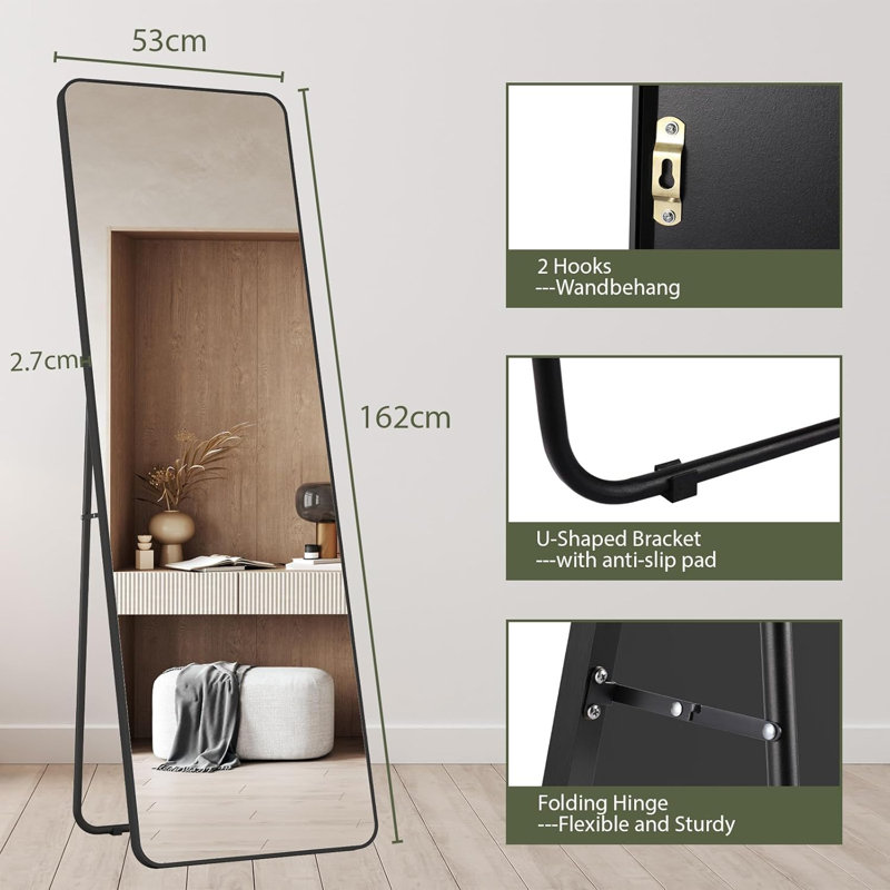 Runhild Aluminum Rectangle Floor Mirror with Hooks