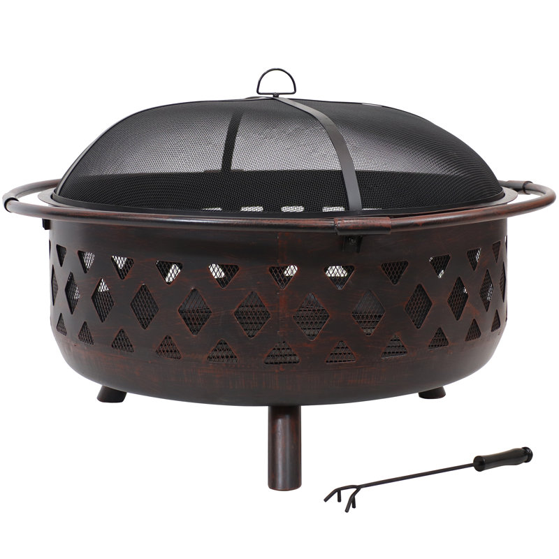 Mast Round Wood-Burning Bronze Finish Crossweave Fire Pit with Screen and Poker, 24" H x 36" W x 36" D