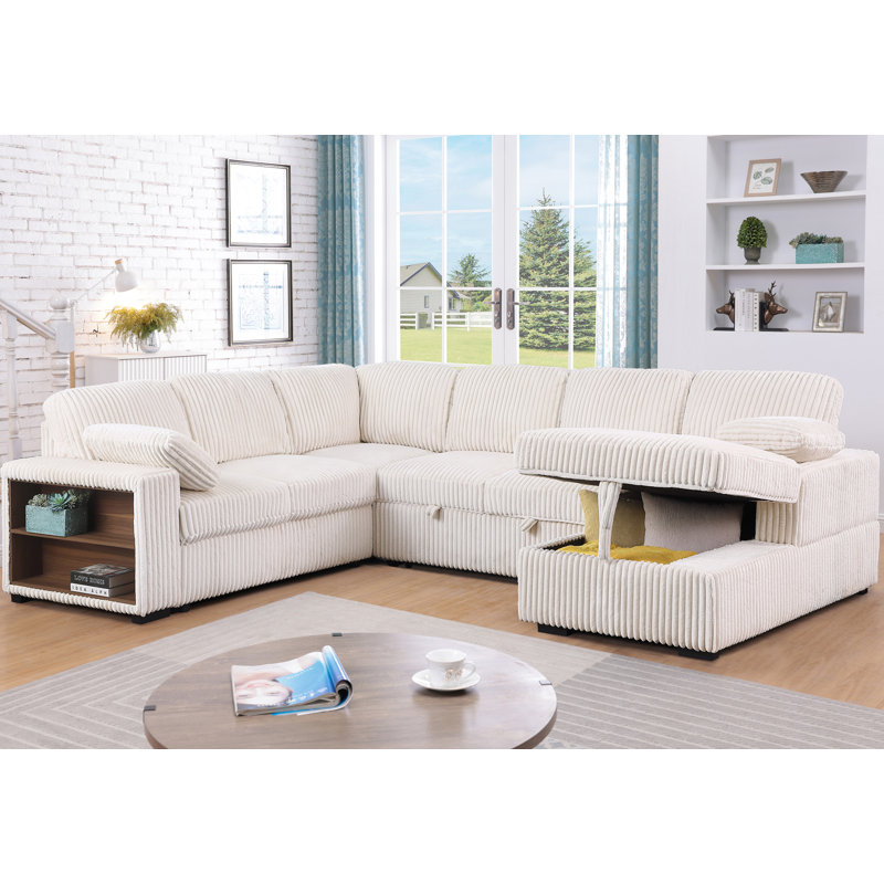 Sleeper Sectional Sofa with Pull-Out Bed, Storage Armrest, Right-Facing Storage Chaise, Beige Corduroy