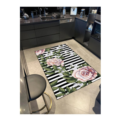 Tapis décoratif à rayures géométriques modernes à motif de roses et de feuilles