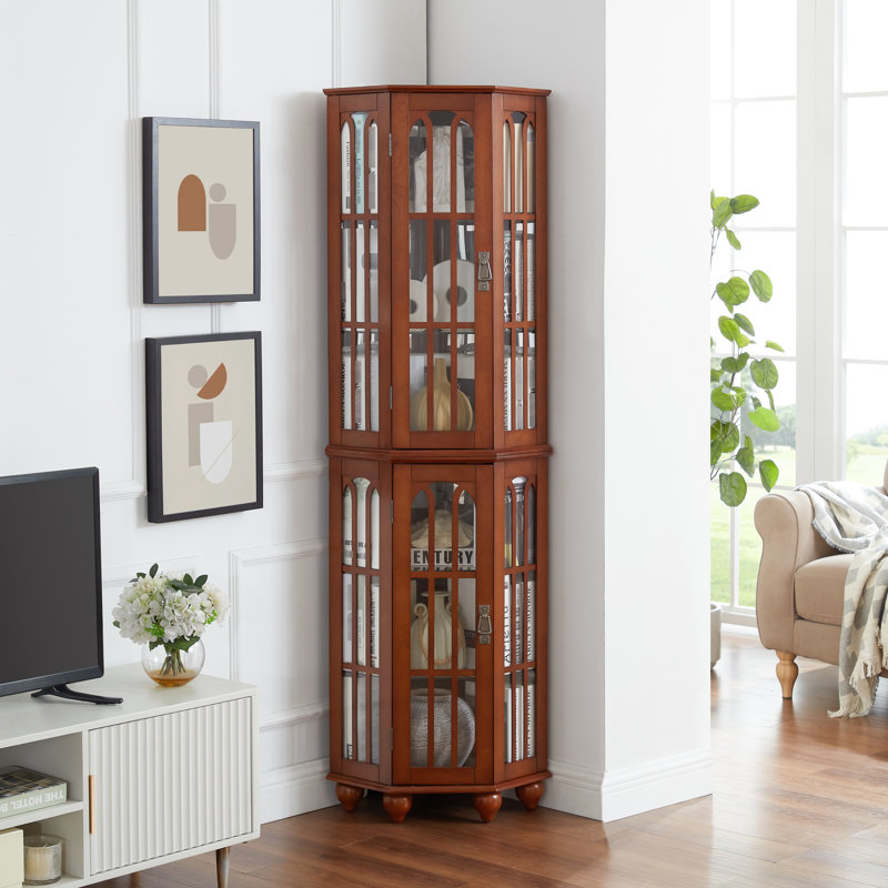 Vitrine de coin 21,71 po avec 4 tablettes réglables en verre trempé et pieds en bois massif avec éclairage P 16,84 po, Noyer