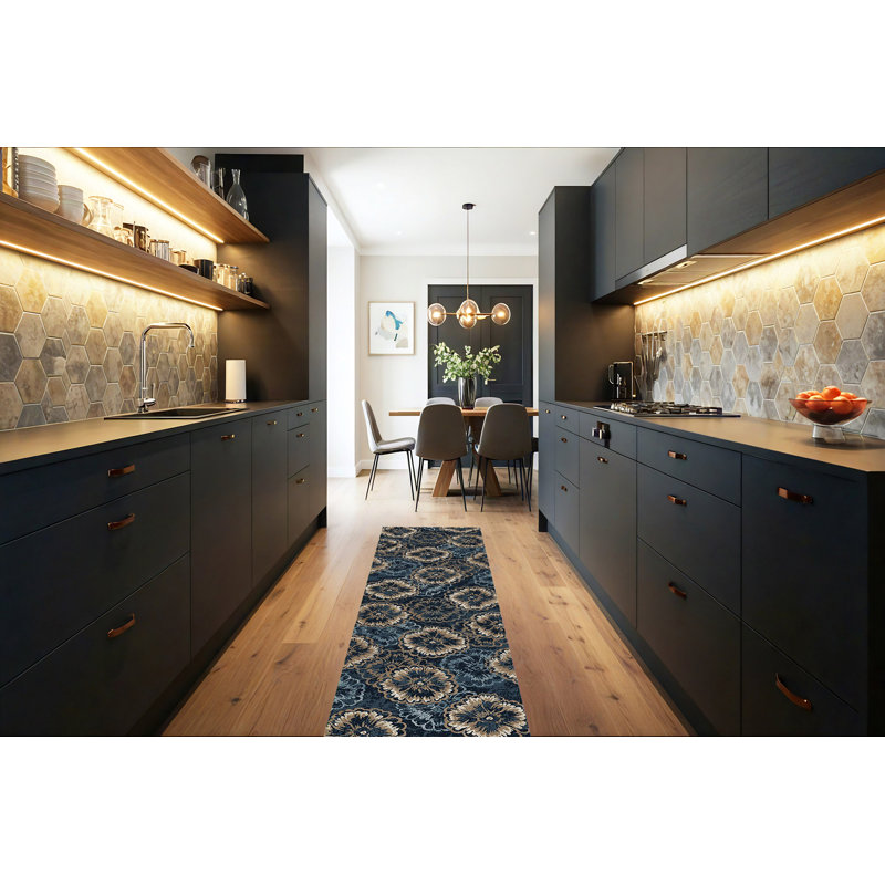 Tapis bleu / beige Amy, Tapis de couloir 2 pi 2 po x 10 pi 10 po