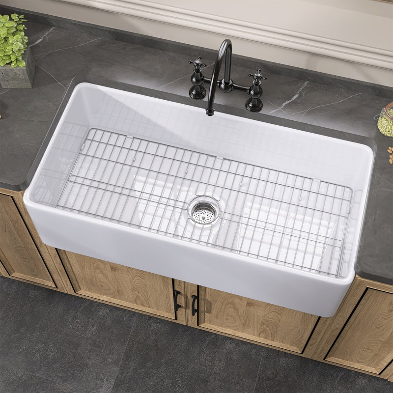 Aqua Fireclay Small White Farmhouse Sink Apron Front Farm Sink Single Bowl Kitchen Sink with Accessory Kit