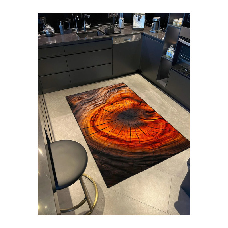 Orange Tree Patterned Woven Base Carpet And Washable Carpet, Round 3'4"