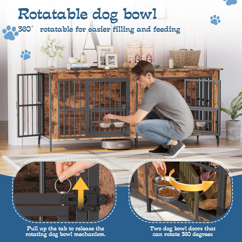  79" Dog Crate Furniture For 2 Dogs, Large Dog Kennel With 360° Rotating Feeder Bowls, Indoor Double Dogs Crates With 4 Doors, Wooden Crate Tv Stand With Removable Divider