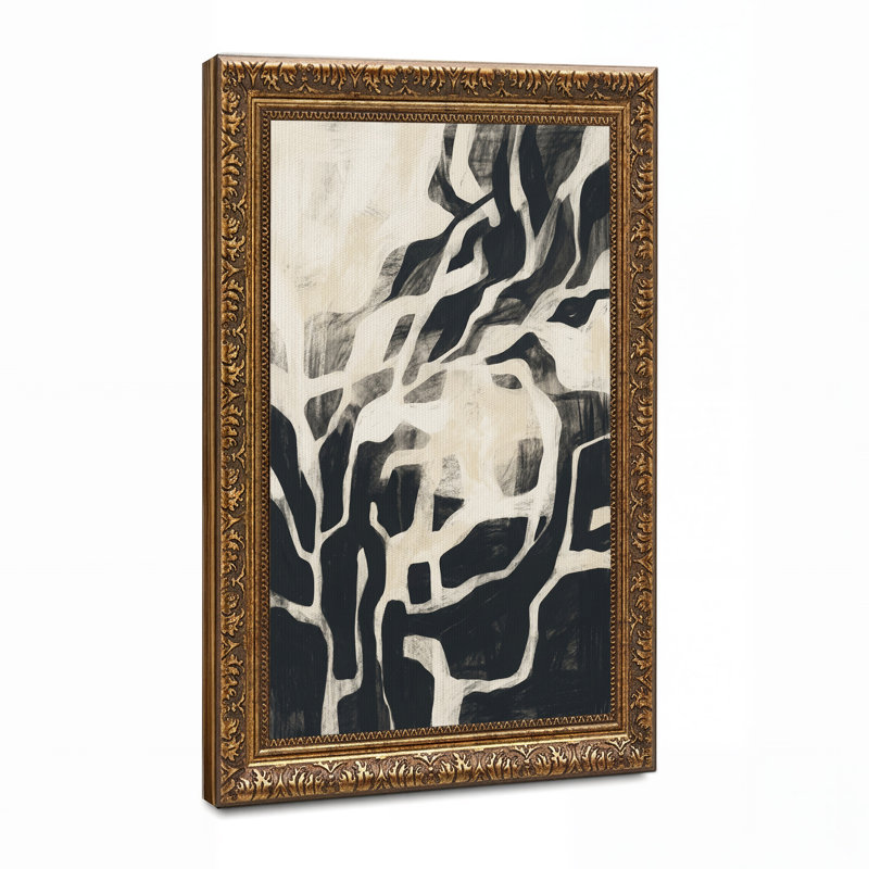 Tableau abstrait noir et crème aux formes ramifiées sur toile, 24"H x 16"W