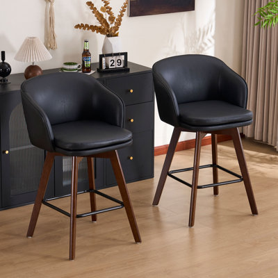 Allis Mid-Century Modern Chenille Fabric Counter Stools,Upholstered Swivel Barstools With Wood Legs,Counter Height Stools with Wingback,Footrest,For Kitchen Island Bar Counter,Black