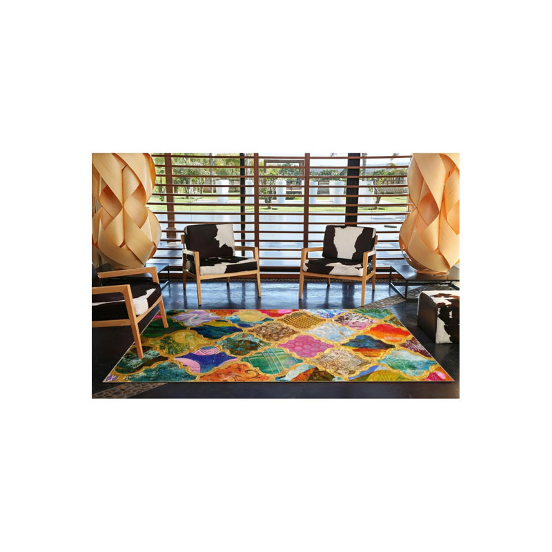 Multicolored Modern Woven Based Washable Carpet, Round 4'