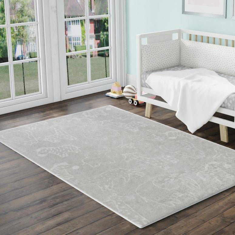 Tapis pour enfant Whimsy Safari, Rectangle 5 pi 3 po x 8 pi, Gris / Ivoire