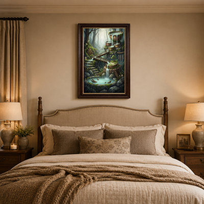 Impression sur toile, cascade de forêt fantastique avec tonneaux en bois et roche moussue