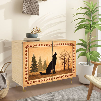 Buffet étroit de 35,4 po de largeur - armoire de rangement décorative à 2 portes avec silhouette de loup et forêt
