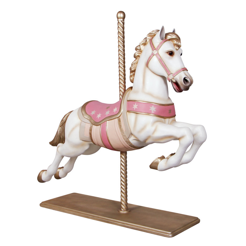 Full-Size White and Pink Resin Carousel Horse Statue