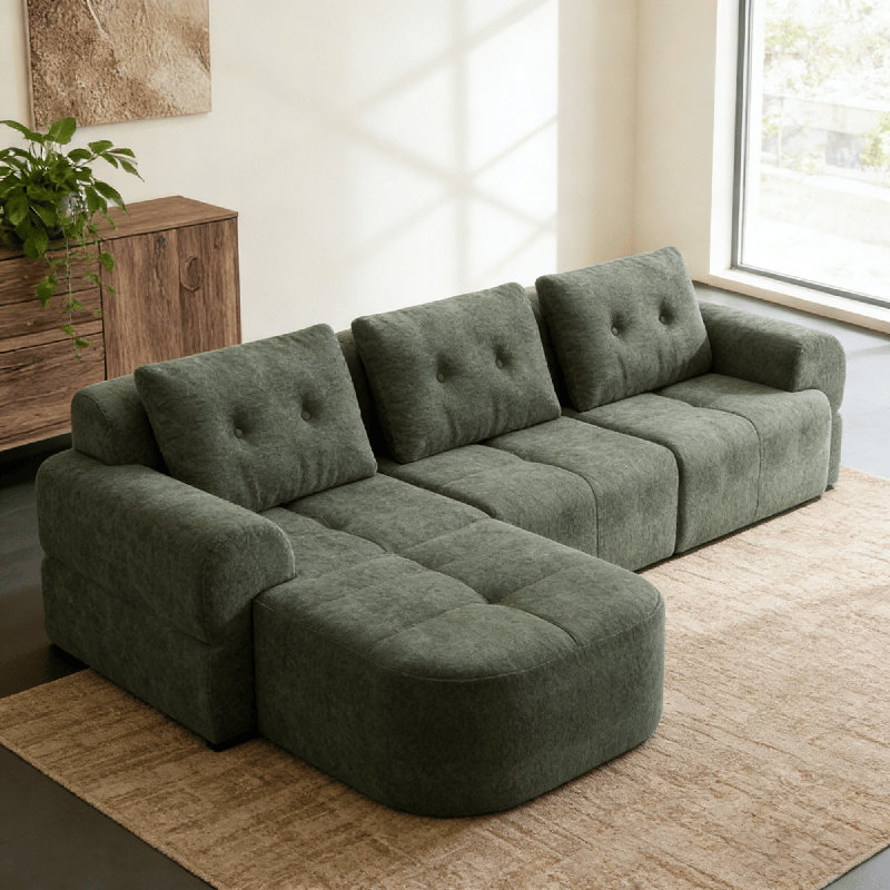 Canapé modulaire modulaire avec méridienne - Très grand tout en mousse, tissu tissé, compressé, sans assemblage, Noir