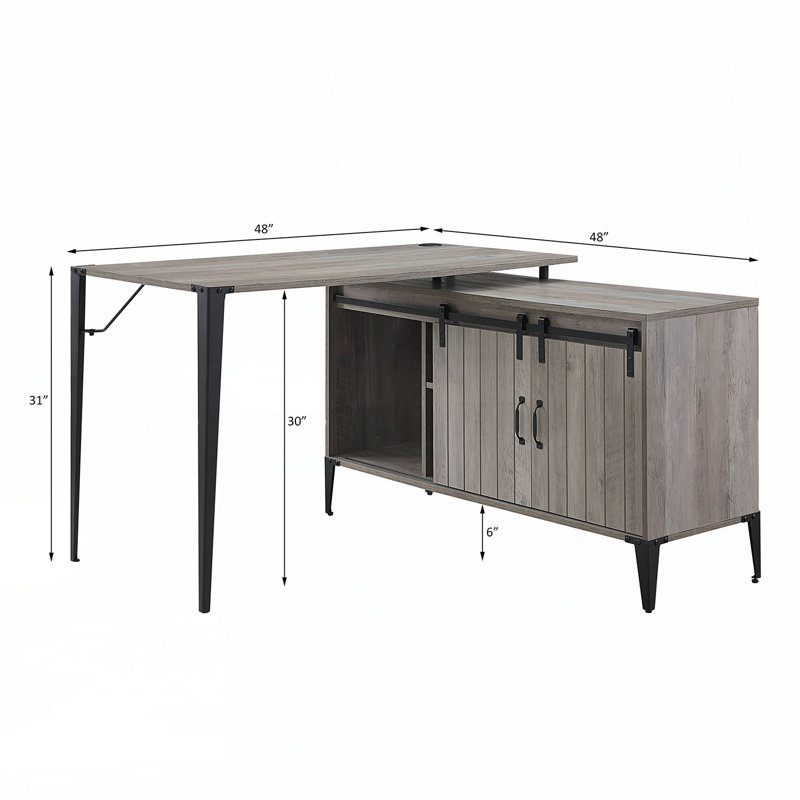 L-Shape Writing Desk with Side Cabinet, Gray Oak and Black, Gray