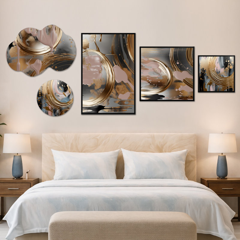Golden & Pink Infinity Circles I - art mural abstrait grand format, toile encadrée et ensemble de 5 pièces en métal (100 po x 40 po)