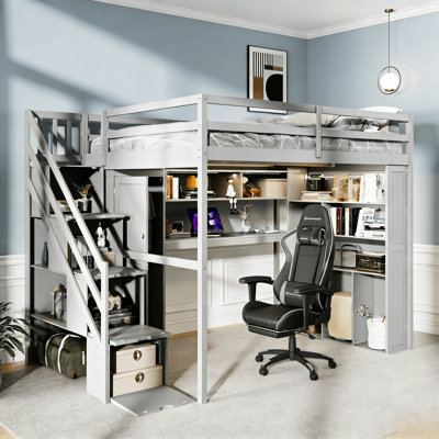 Loft Bed With Desk, Sorage Stairs, Lighted Bookcase And Wardrobe, Full Size