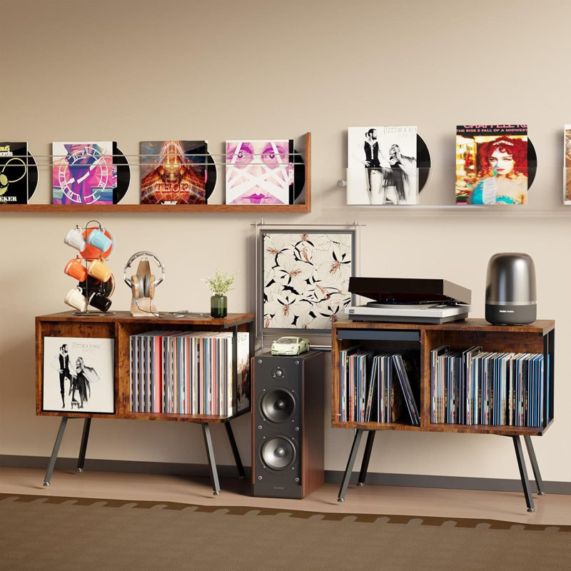 Flip-Top Record Player Stand With Vinyl Storage For 250+ Albums, Mid-Century Turntable Cabinet With Dust-Proof Lid And Open Shelf For Living Room Or Bedroom