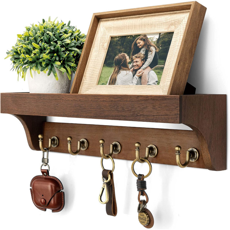 Magnetic Key Rack Farmhouse Wall Shelf With 5 Key Hooks