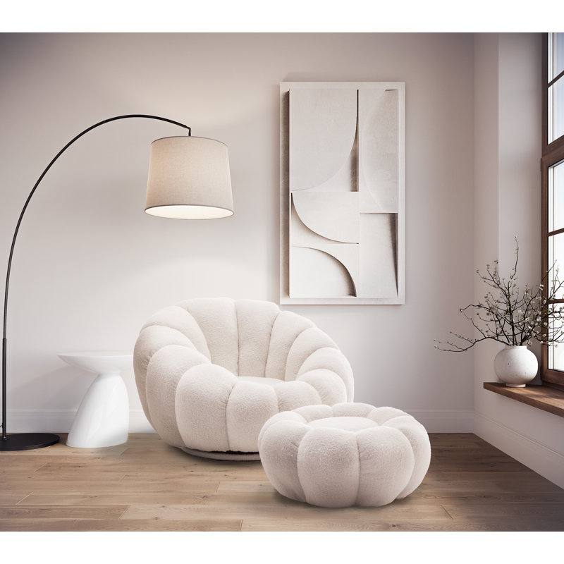 Mirielle Perse Teddy Boucle Swivel Accent Chair with Footstool, White