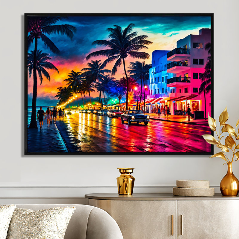 «Miami Beach Holidays 3 Architecture», impressions sur toile Miami, Cadre flottant noir, H 30 po x l 40 po x P 1,5 po