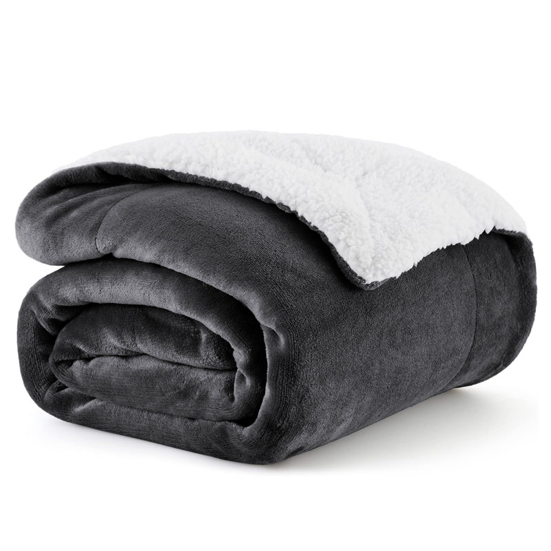 Sanborn Soft Reversible Sherpa Fleece Fur Thick Blanket Throw, 150cm x 200cm, Grey