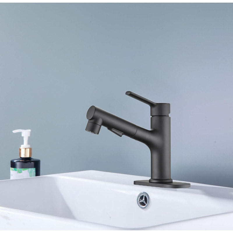 Robinet de lavabo de salle de bain moderne à poignée simple avec bouchon de bonde escamotable et plaque de pont, Noir mat