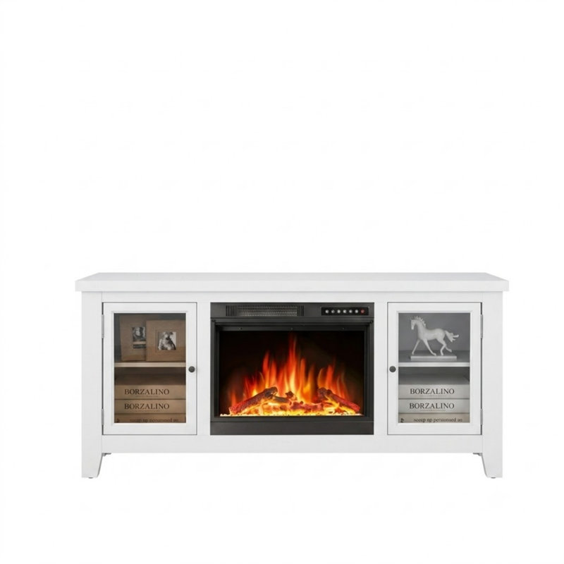 57" Fireplace TV Stand for TVs up to 65", 5100 BTU Electric Fireplace Media Console with 16-Color 3D LED Flame & Ember Bed, Remote Control