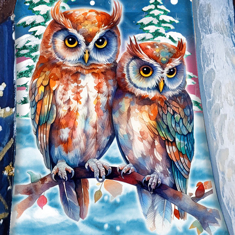 Couple Of Owls Santa Wood Carved Masterpiece Figurine By G. Debrekht
