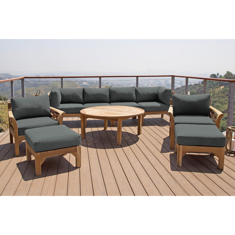 Monterey Teak Outdoor Seating Group with Cushions, Charcoal, 7 Pcs:  Sectional,Chair,2Cushion,Table,2Ottoman