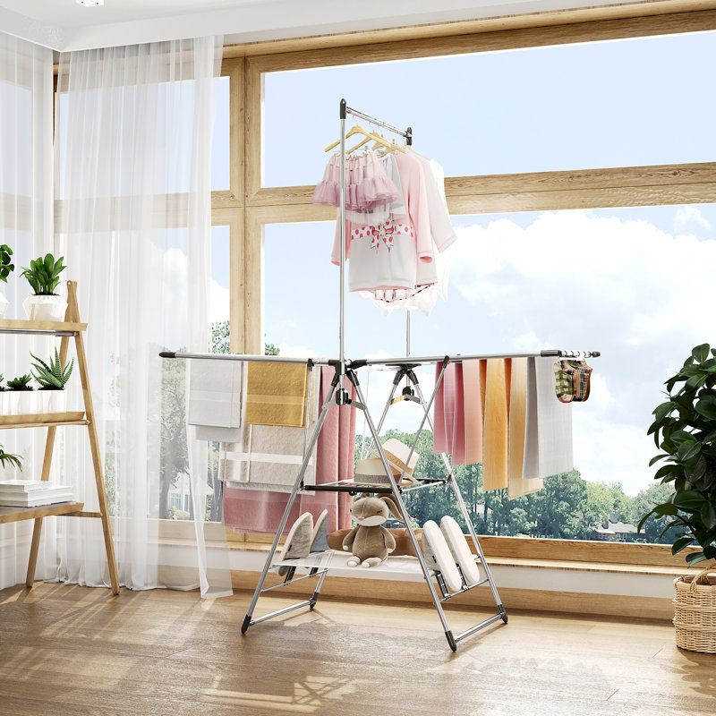 Séchoir à vêtements avec grand cintre, séchoir à linge pliable à 3 niveaux avec porte-chaussures, barre transversale et support à linge vertical avec ailes réglables argent