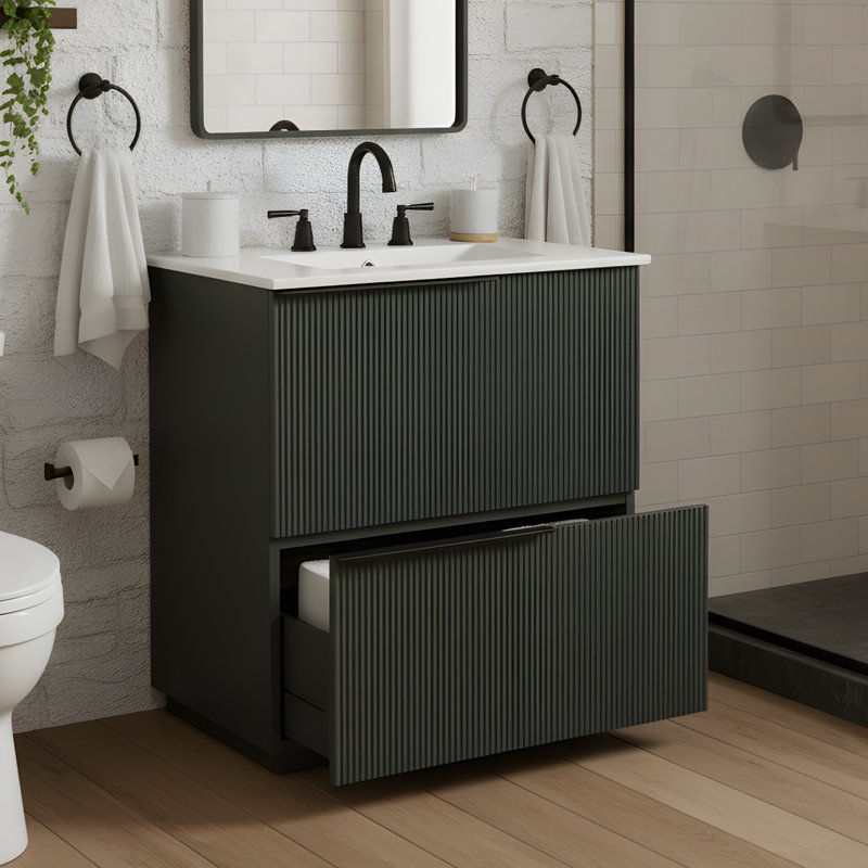 Meuble-lavabo 30 po avec lavabo en céramique, armoire en MDF et tiroirs pleine extension, vert