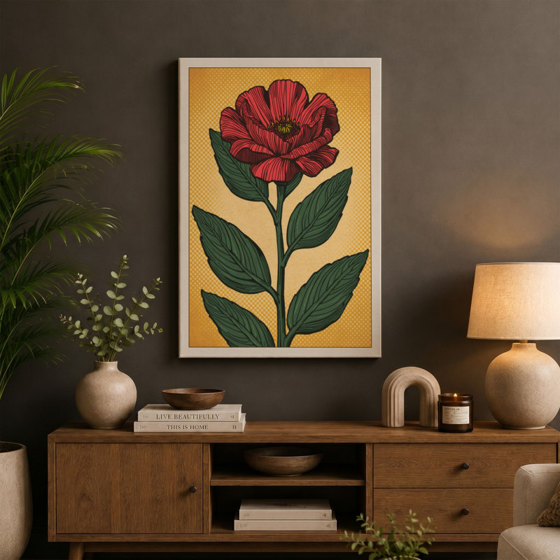 Single Stem in Crimson Botanical - Wrapped Canvas, 30x20 - 76.2 x 50.8 cm, Cream Border
