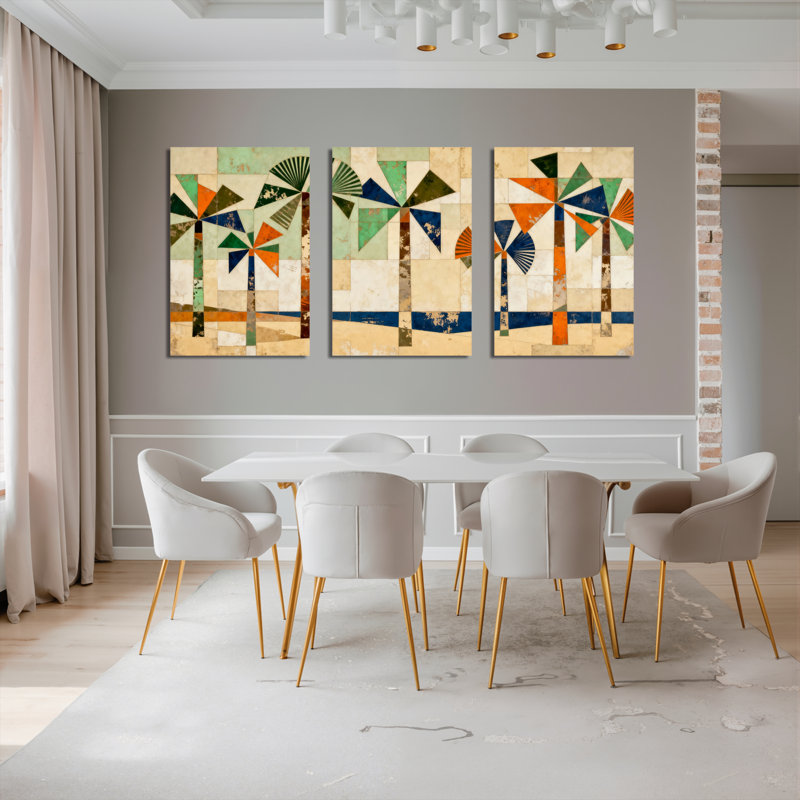 «Geometric Palm Trees», reproduction d'art moderne sur toile tendue sur toile abstraite (ensemble de 3), H 18 po x l 36 po