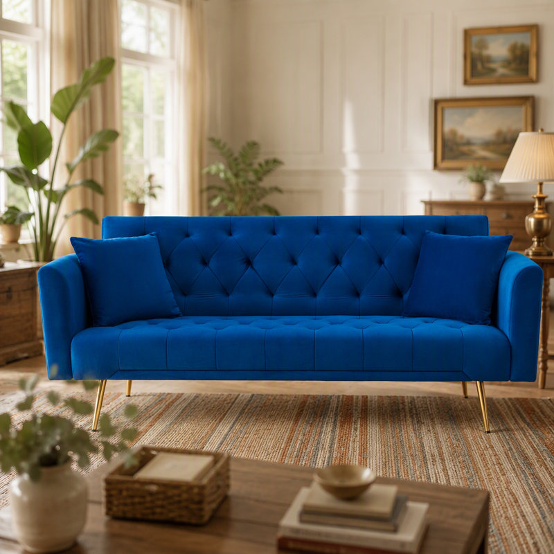 Canapé-lit double convertible pliant pour salon Eta, Velours bleu