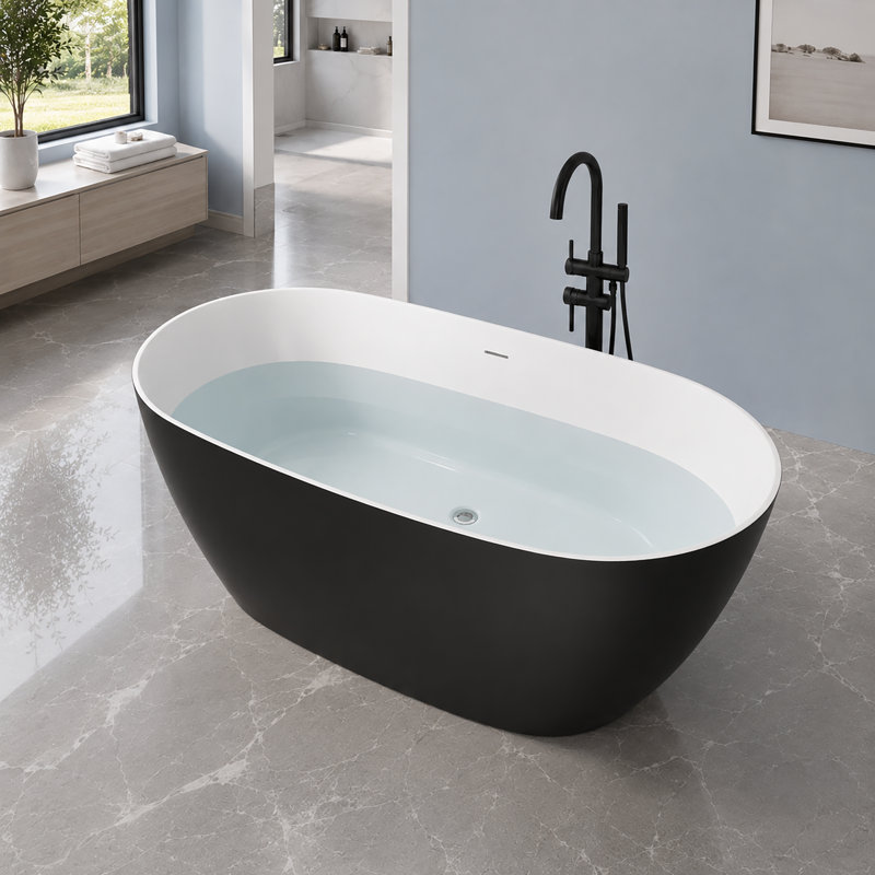 Baignoire compacte en acrylique de 130 cm (51 po), de forme ovale, profondeur d'immersion de 39 cm (15,3 po), bonde centrale et trop-plein intégré, noir mat