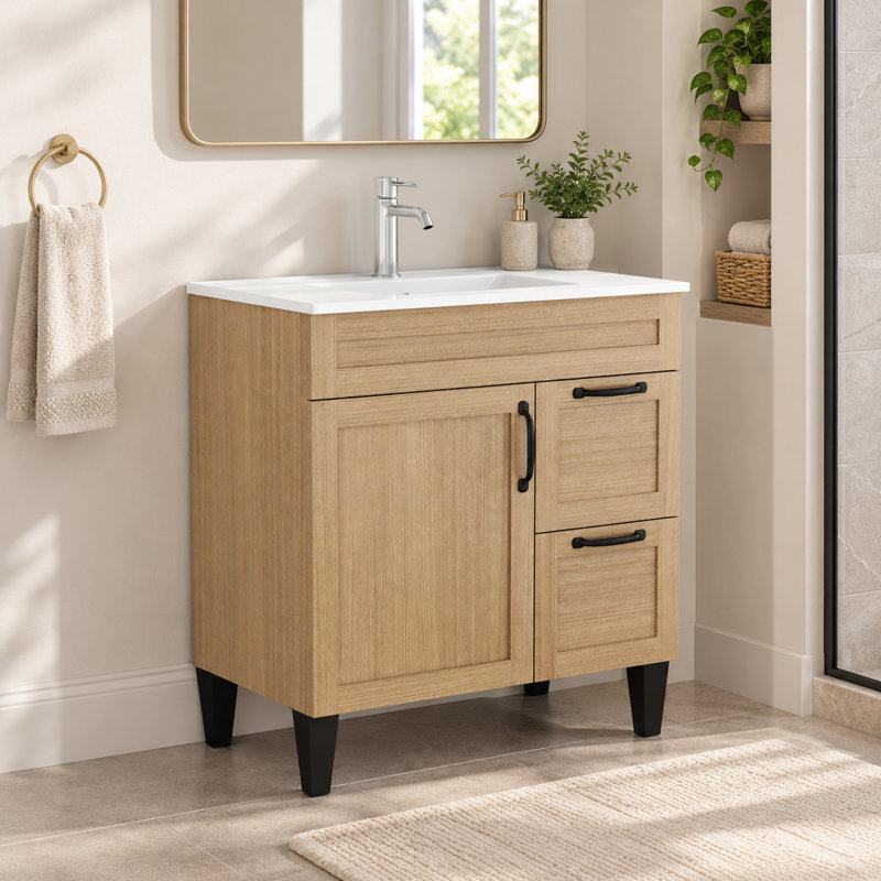 Ensemble de meuble-lavabo simple 31,5 "avec lavabo en céramique, armoire de rangement moderne avec 1 porte à fermeture douce et 2 tiroirs, quincaillerie noire