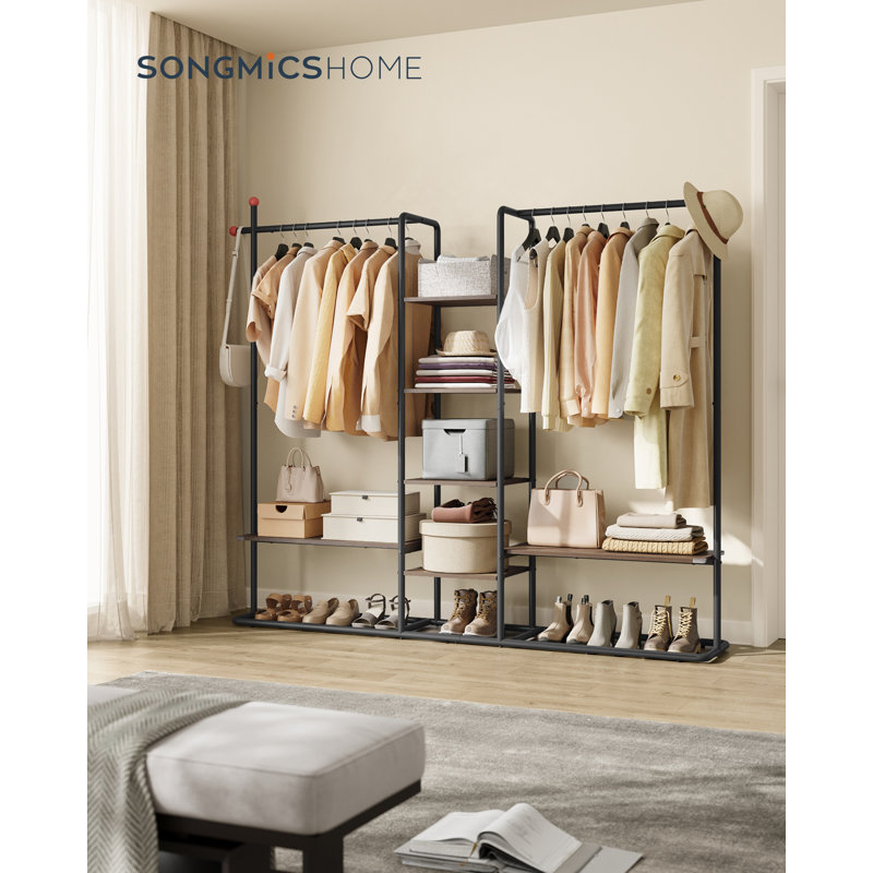 Portemanteaux, garde-robe ouverte, garde-robe autoportante, porte-vêtements robuste, 6 tablettes de rangement, 2 rails de suspension, crochets en forme d'allumette, noyer naturel et noir encre
