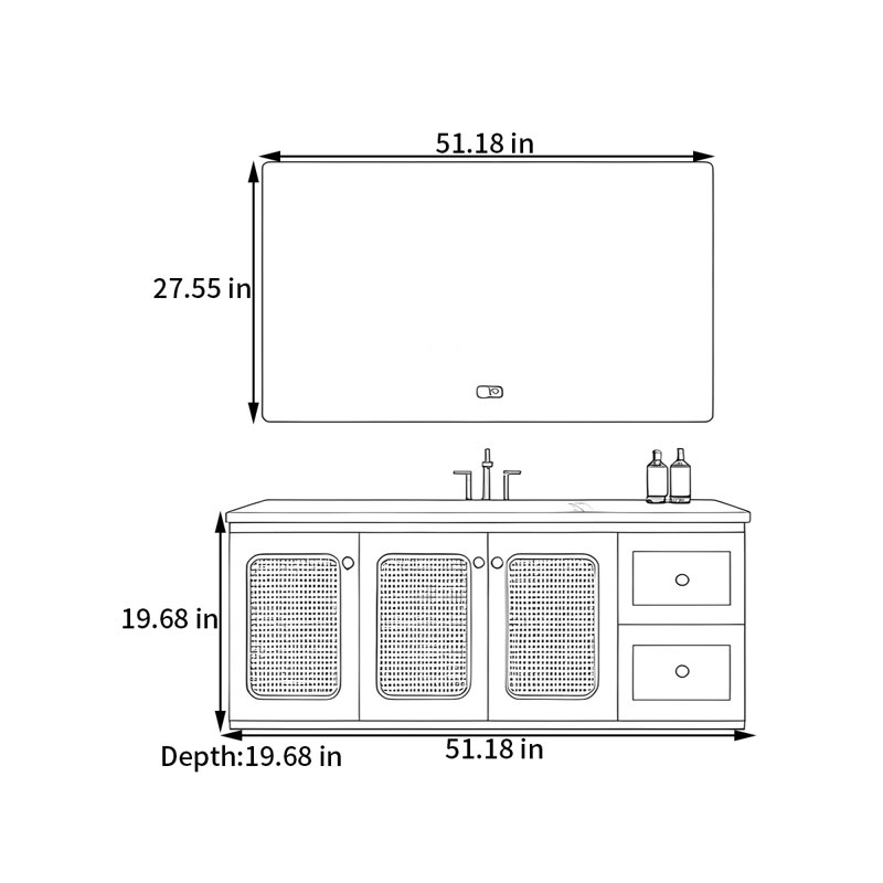 Armoire de salle de bain en rotin de style français rétro, H 19,68 po x l 51,18 po x P 19,68 po